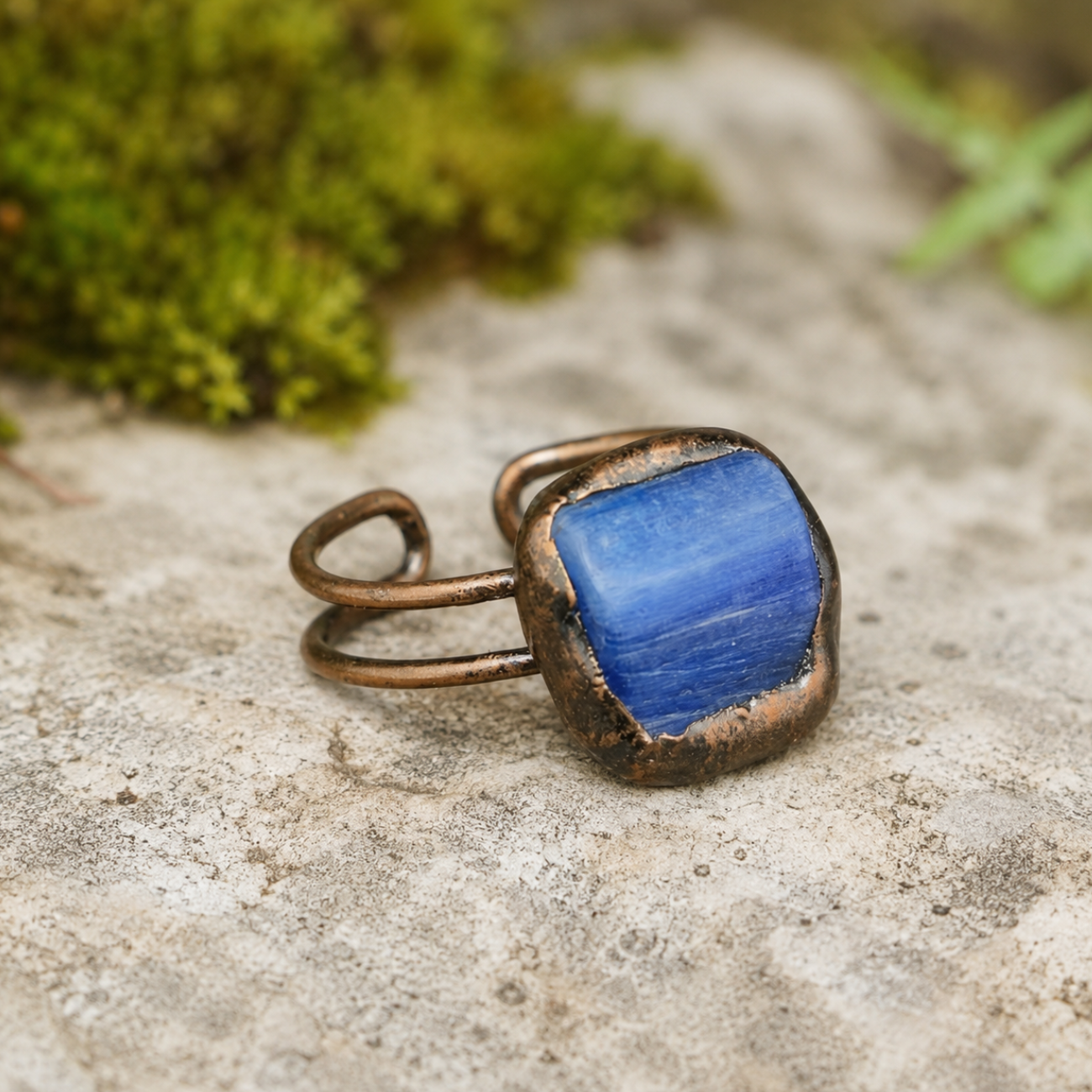 Blue stone ring with vintage blue ring character, organic texture, and quiet statement presence.