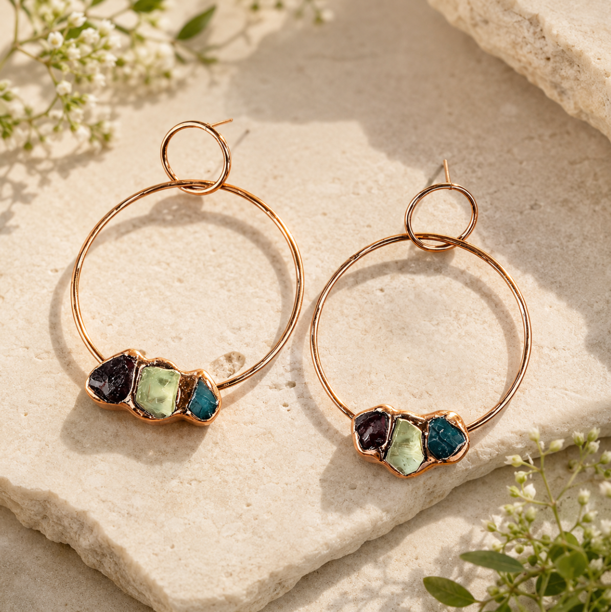 Multi gemstone earrings featuring green, blue, and deep red stones with organic handmade texture.