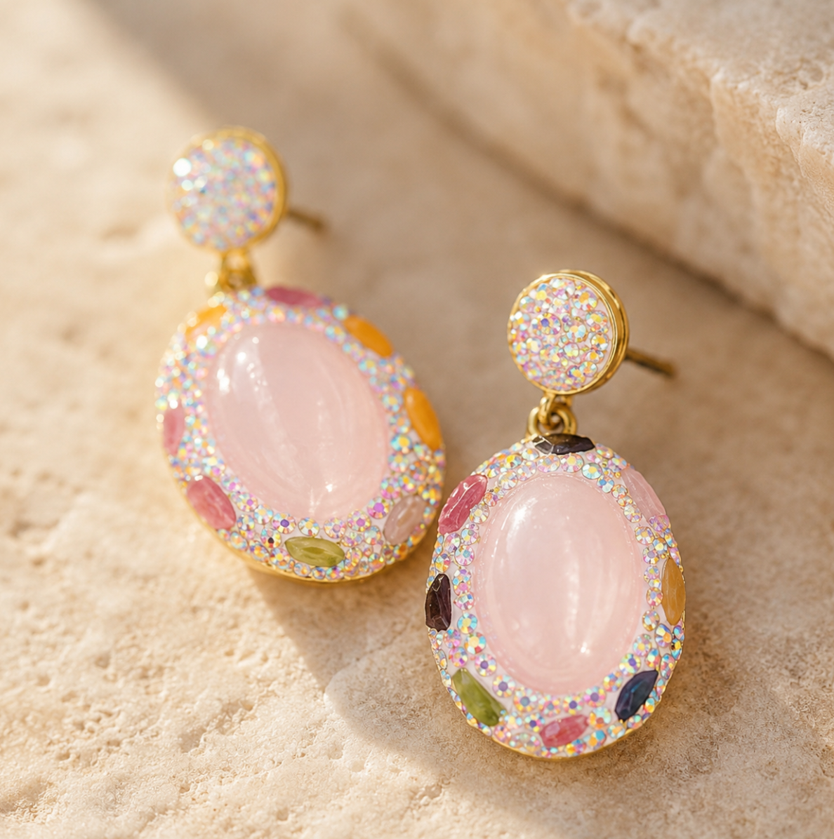 Rose quartz earrings with soft pink crystal drops, sparkling tourmaline-style accents, and gold-tone details.