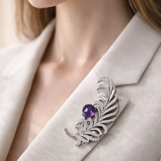 Natural Amethyst Brooch - Feather Model Jewelry Accessory - crystal luminious soul