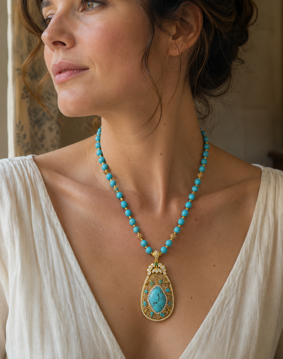 Turquoise jewelry worn on a feminine neck with delicate natural light