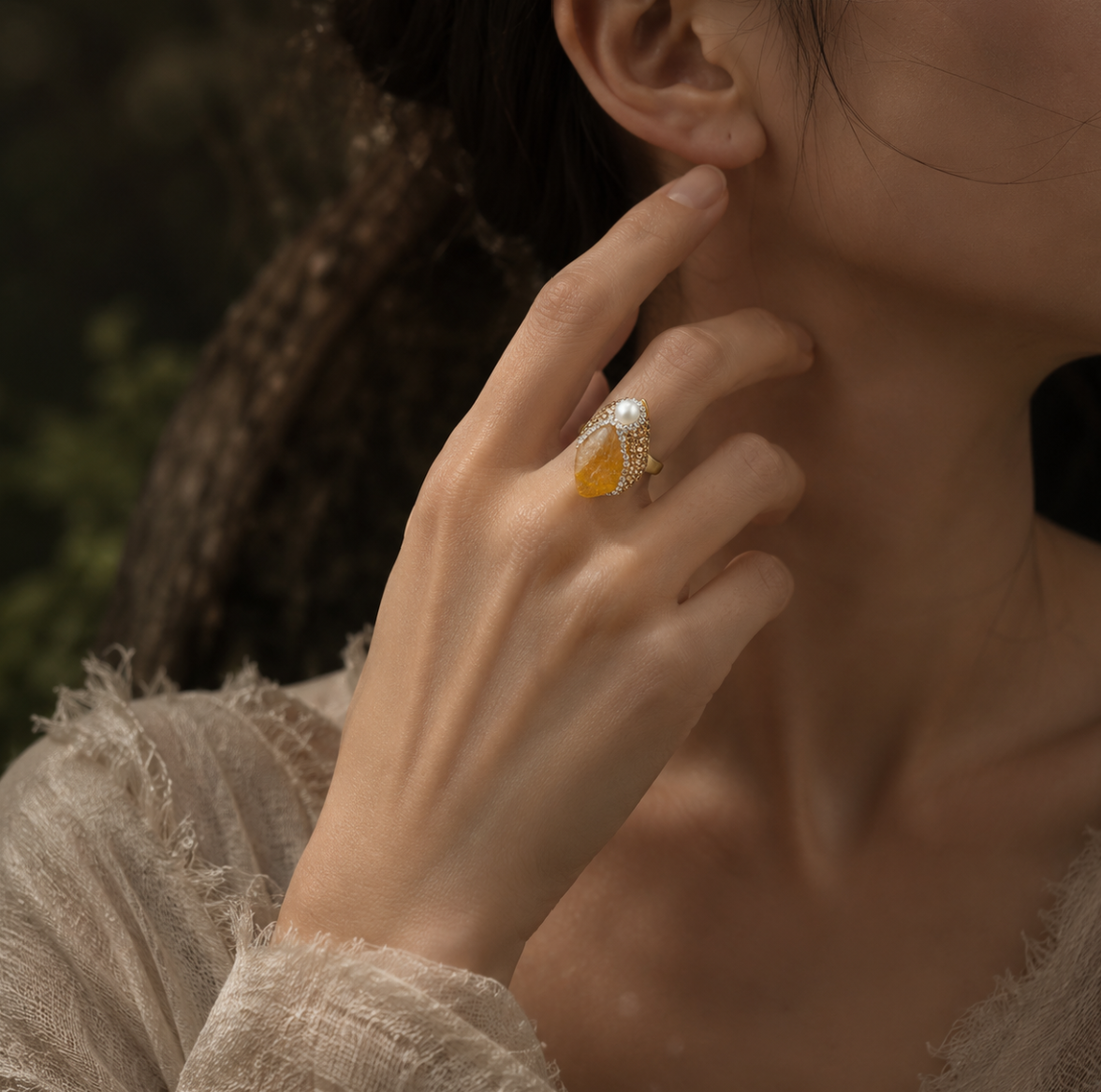 Yellow crystal ring for women styled in forest light with soft pearl detail and romantic golden glow.