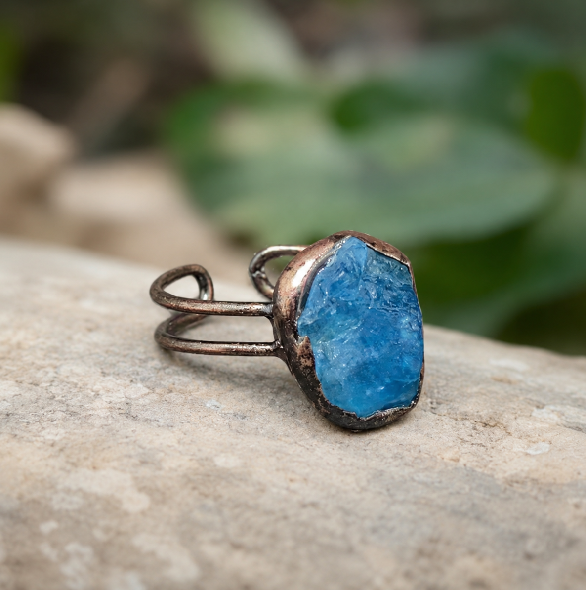 Teal gemstone ring with pastel blue gemstone ring softness and raw crystal character.