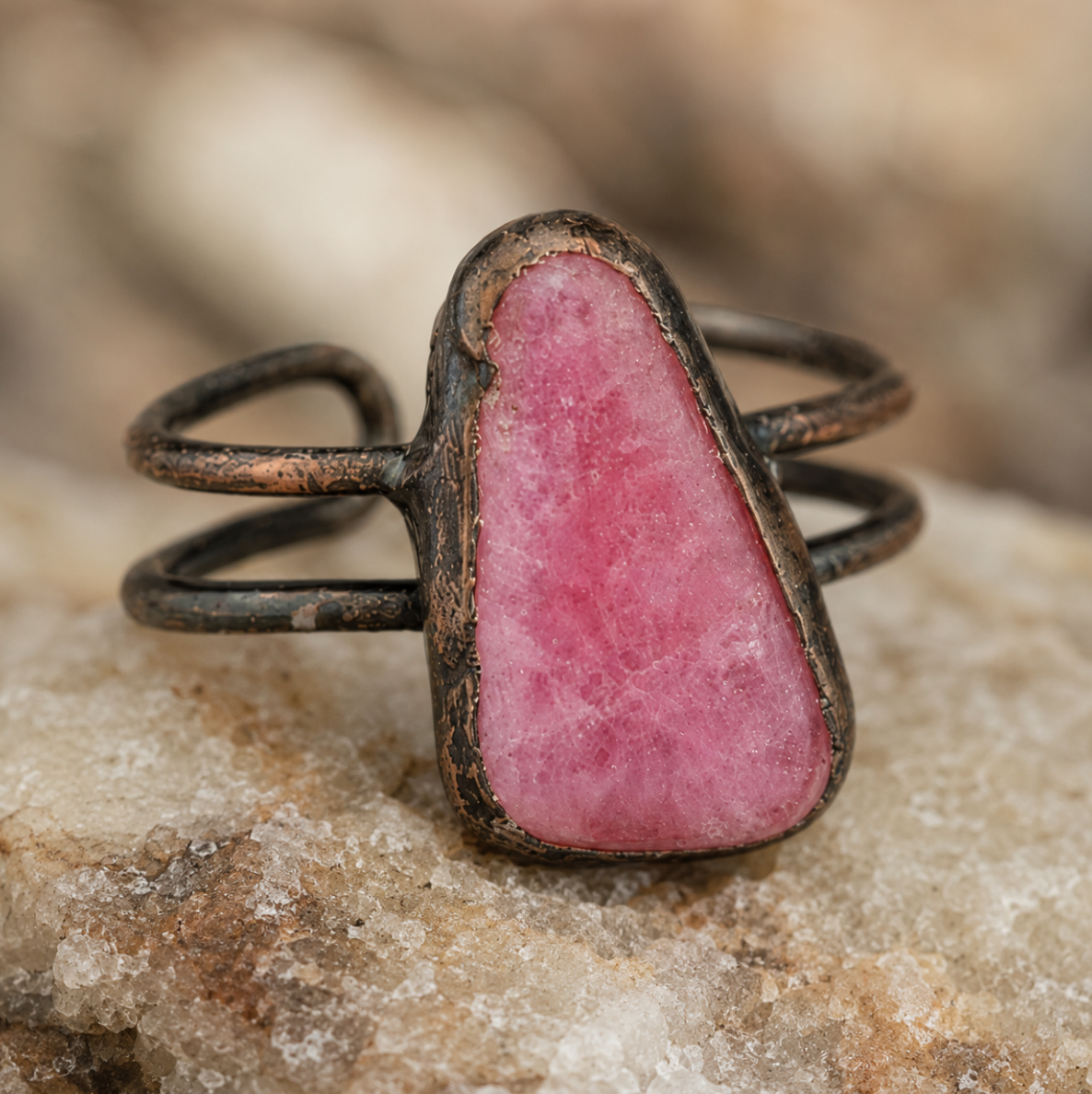 Pink crystal ring displayed on pale stone with soft shadows, earthy texture, and refined styling.