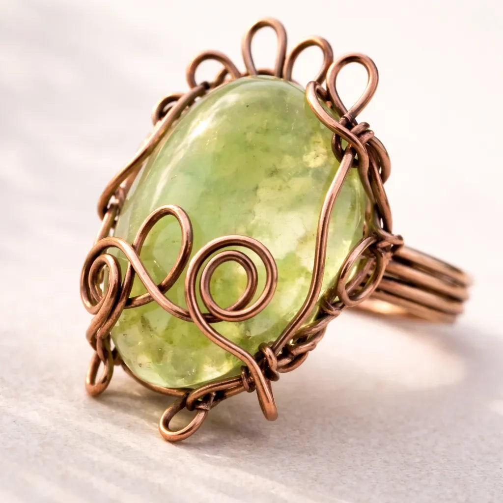 Enchanted Garden Prehnite Ring – Handmade Wire Wrapped Bohemian May Jewelry - crystal luminious soul