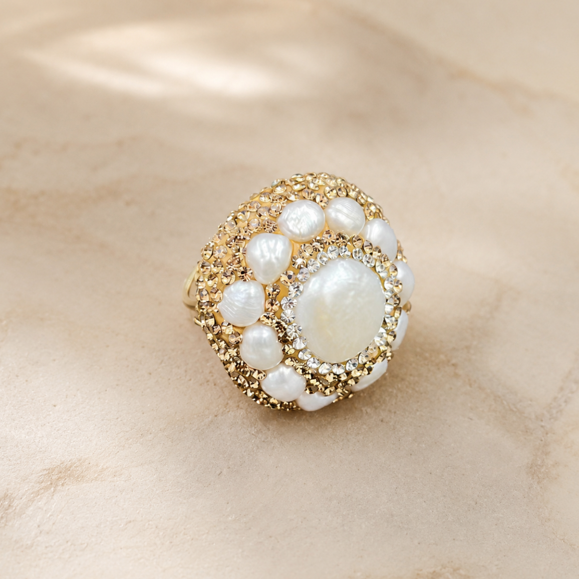 Freshwater pearl ring women style with luminous baroque pearl, vintage gold details, and soft luxury mood.