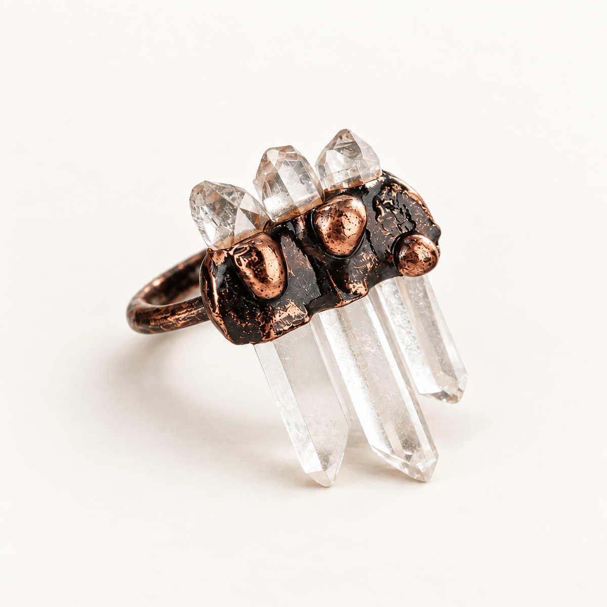 Moonlit Clear Quartz Ring with clear crystal points in a copper-tone sculptural setting