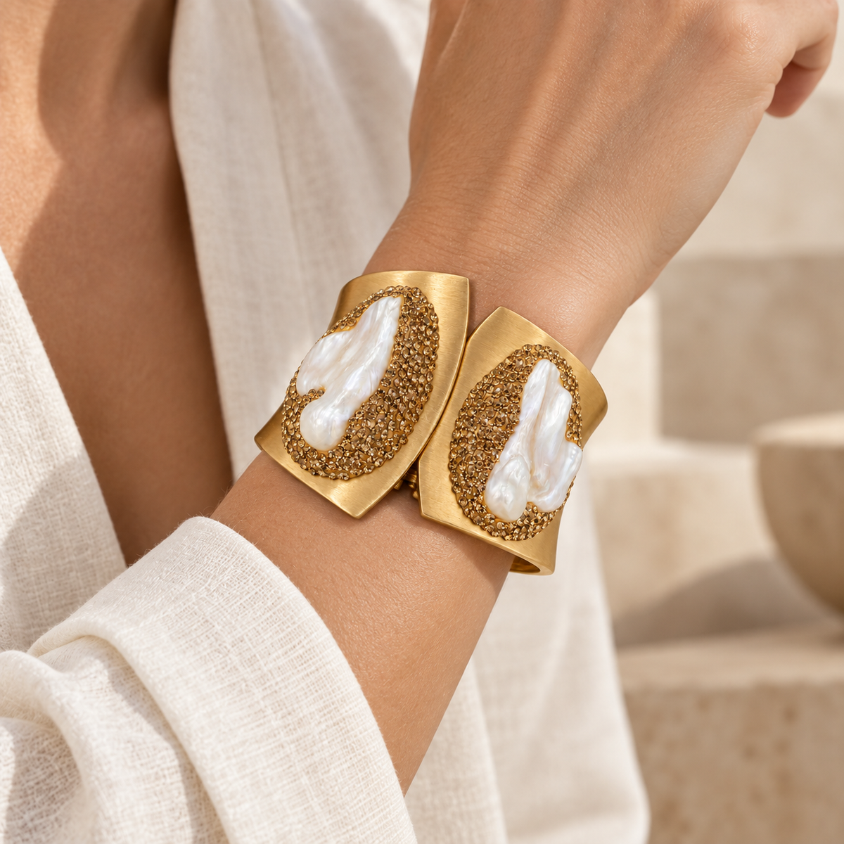 Close-up of Moonlit Baroque Pearl Bracelet worn on the wrist