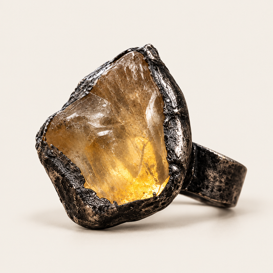 Raw honey-yellow citrine ring on warm off-white, showing the irregular stone and dark-toned sculptural setting.