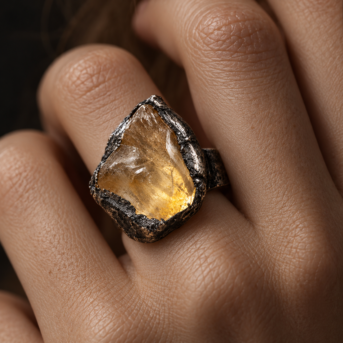 Close-up of a citrine ring worn on the hand, showing raw crystal texture, irregular edges, and raised stone setting.