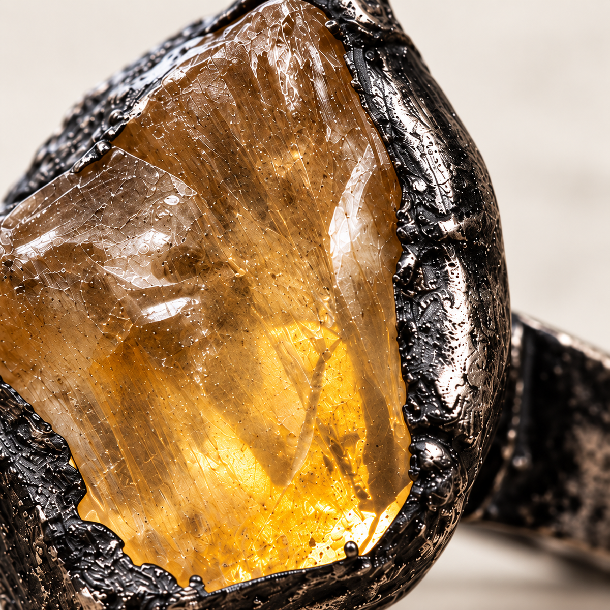 Citrine ring worn with a neutral linen look, showing the warm golden stone and overall statement scale on the hand.