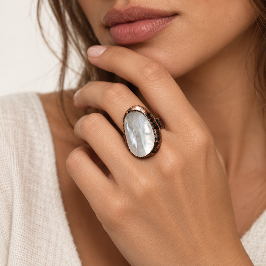 Crystal ring worn on the hand, showing the polished clear quartz at real scale and its broad statement presence.
