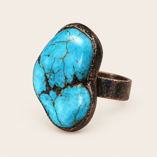 Polished blue turquoise ring on warm off-white, showing the organic stone shape, dark veining, and broad setting.
