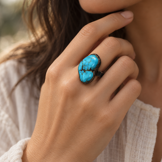 Turquoise ring worn on the hand, showing the bright blue stone, dark matrix veining, and real statement scale.