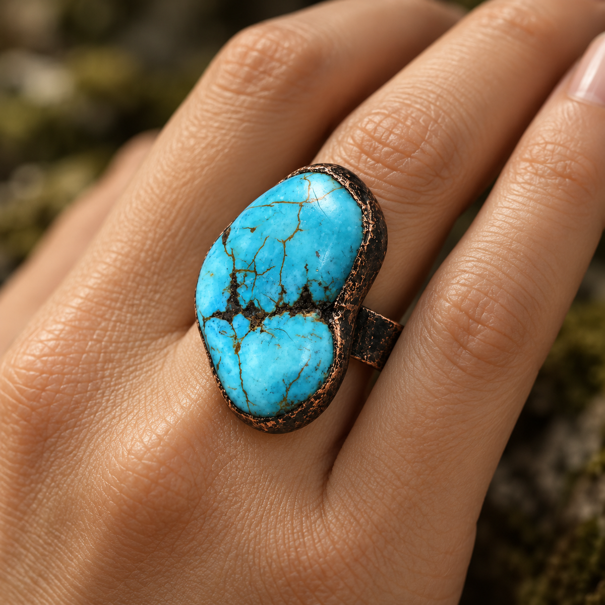 Close-up of a turquoise ring worn on the hand, showing polished blue stone, dark veining, and organic edges.