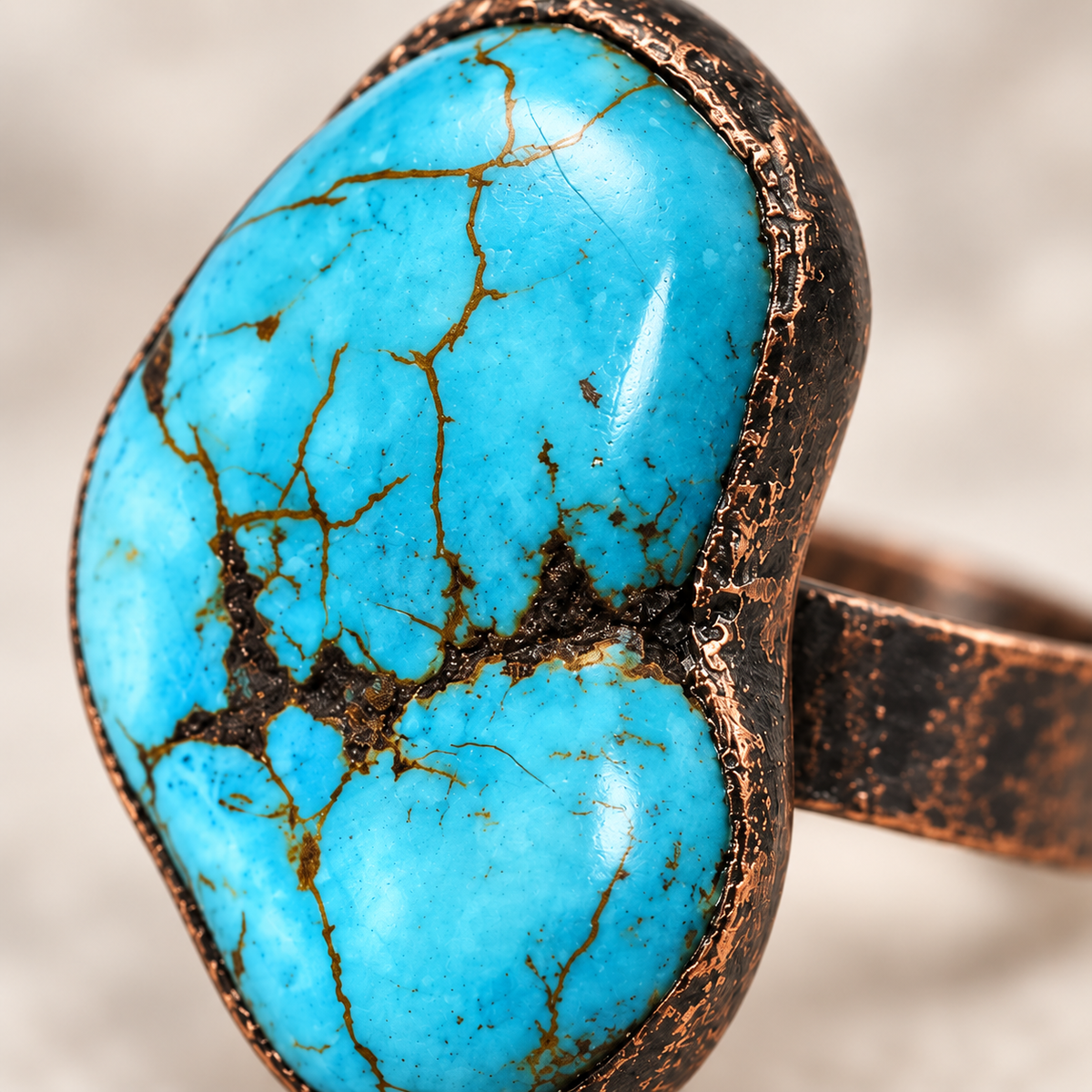 Side view of an open ring showing the raised turquoise stone, broad band structure, and adjustable-style opening.