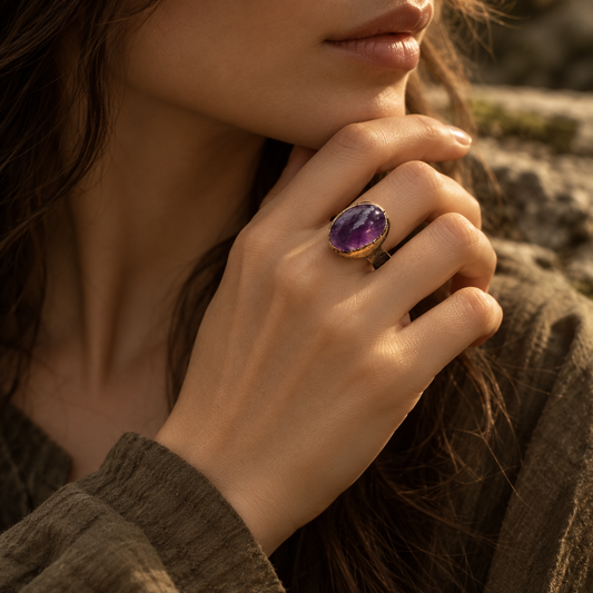 Amethyst ring worn on the hand, showing the polished oval violet stone at real scale and its noticeable presence.