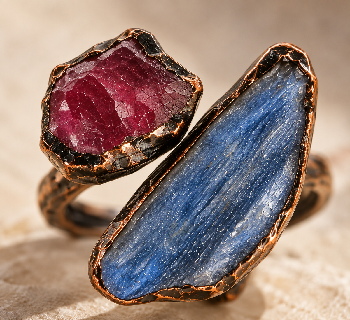 Macro view of the red stone and elongated blue kyanite, showing surface textures and aged copper edges.