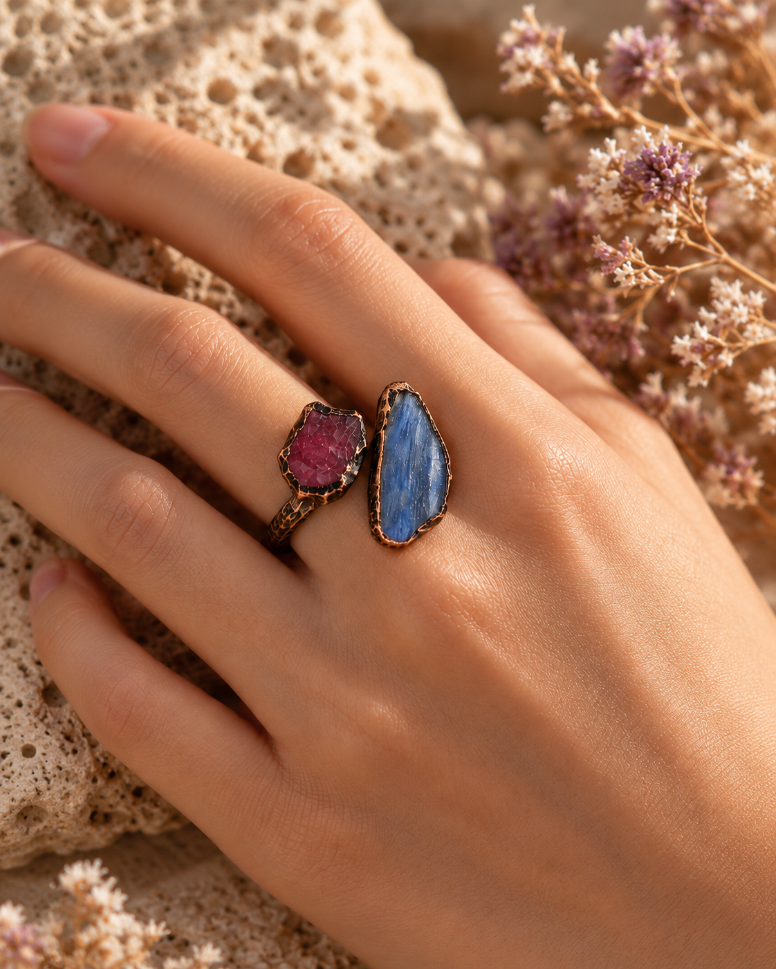 Angled view of the Crimson Tide red stone and blue kyanite ring on pale stone, showing its open band and asymmetrical setting.