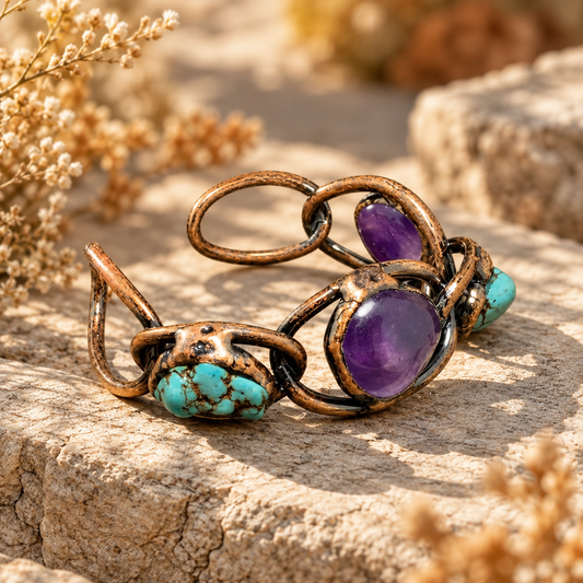 Amethyst and turquoise bracelet on natural stone, showing polished purple and blue-green cabochons in linked copper-toned settings.