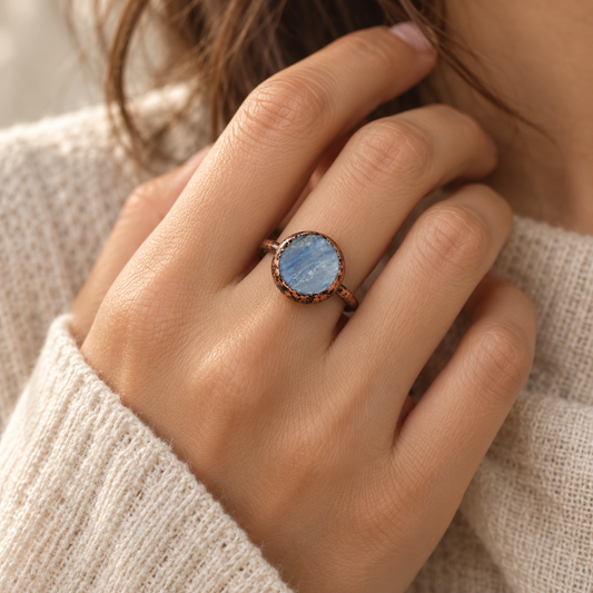 Blue apatite ring worn on a hand, showing the round blue stone and vintage-inspired setting.