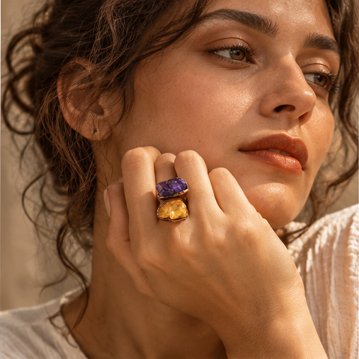 Close-up of a statement ring worn on the hand, showing purple amethyst, golden citrine, and the open setting.