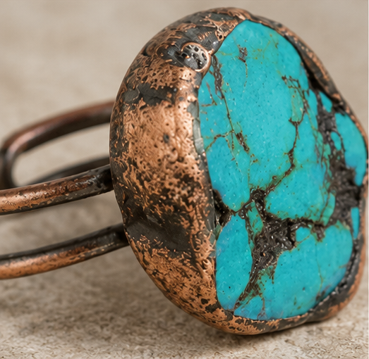 Macro detail of a turquoise ring showing blue-green color, dark matrix lines, and natural surface variation.
