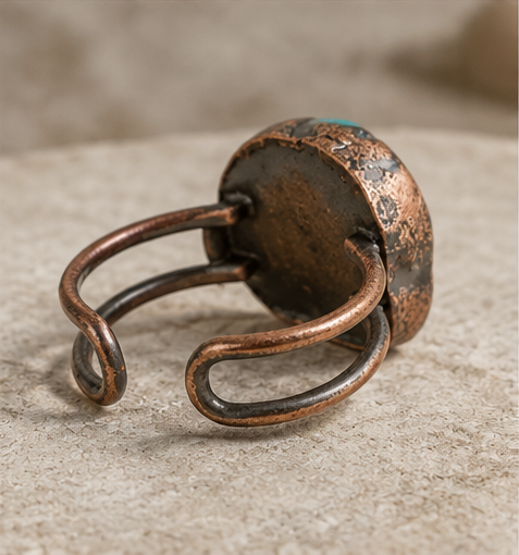 Back view of an open ring showing the adjustable gap, double-band structure, and raised turquoise profile.