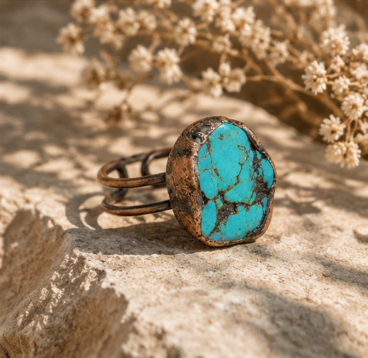 December birthstone ring on natural stone in warm light, showing its organic turquoise shape and open silhouette.