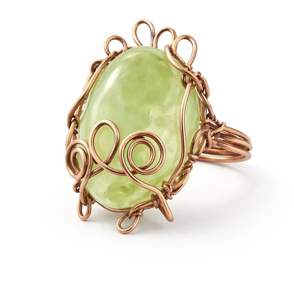 Enchanted Garden Prehnite Ring – Handmade Wire Wrapped Bohemian May Jewelry - crystal luminious soul