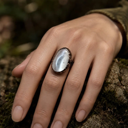 Statement crystal ring with clear gemstone ring beauty, polished surface, and subtle healing crystal ring mood.