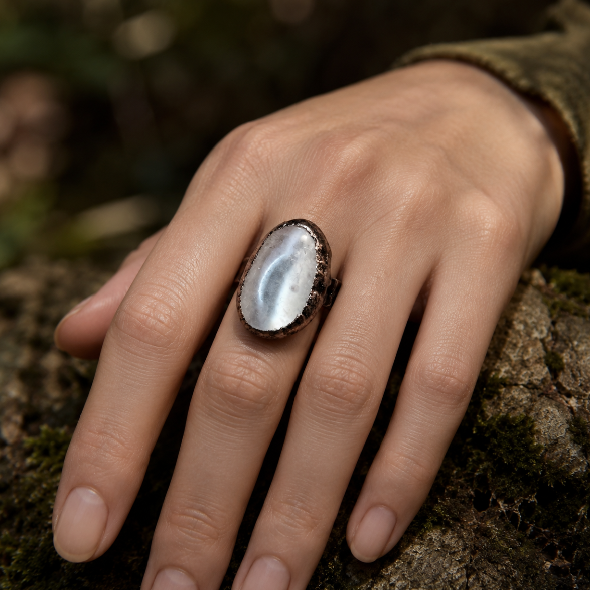 Statement crystal ring with clear gemstone ring beauty, polished surface, and subtle healing crystal ring mood.