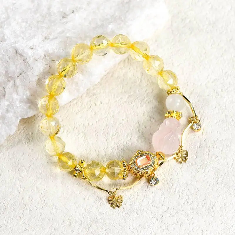 Citrine Diamond Face Bracelet with Pink Crystal Fox Charm Crystal Country Arts and Crafts