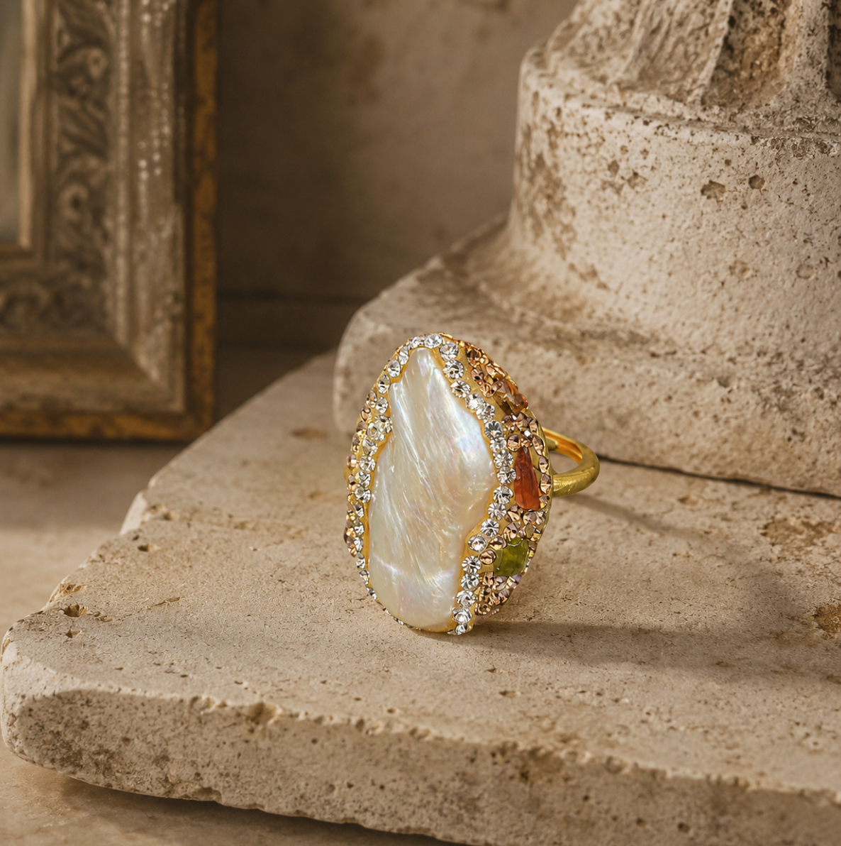 The Baroque Pearl Tourmaline Legacy baroque pearl ring with natural multicolor stones