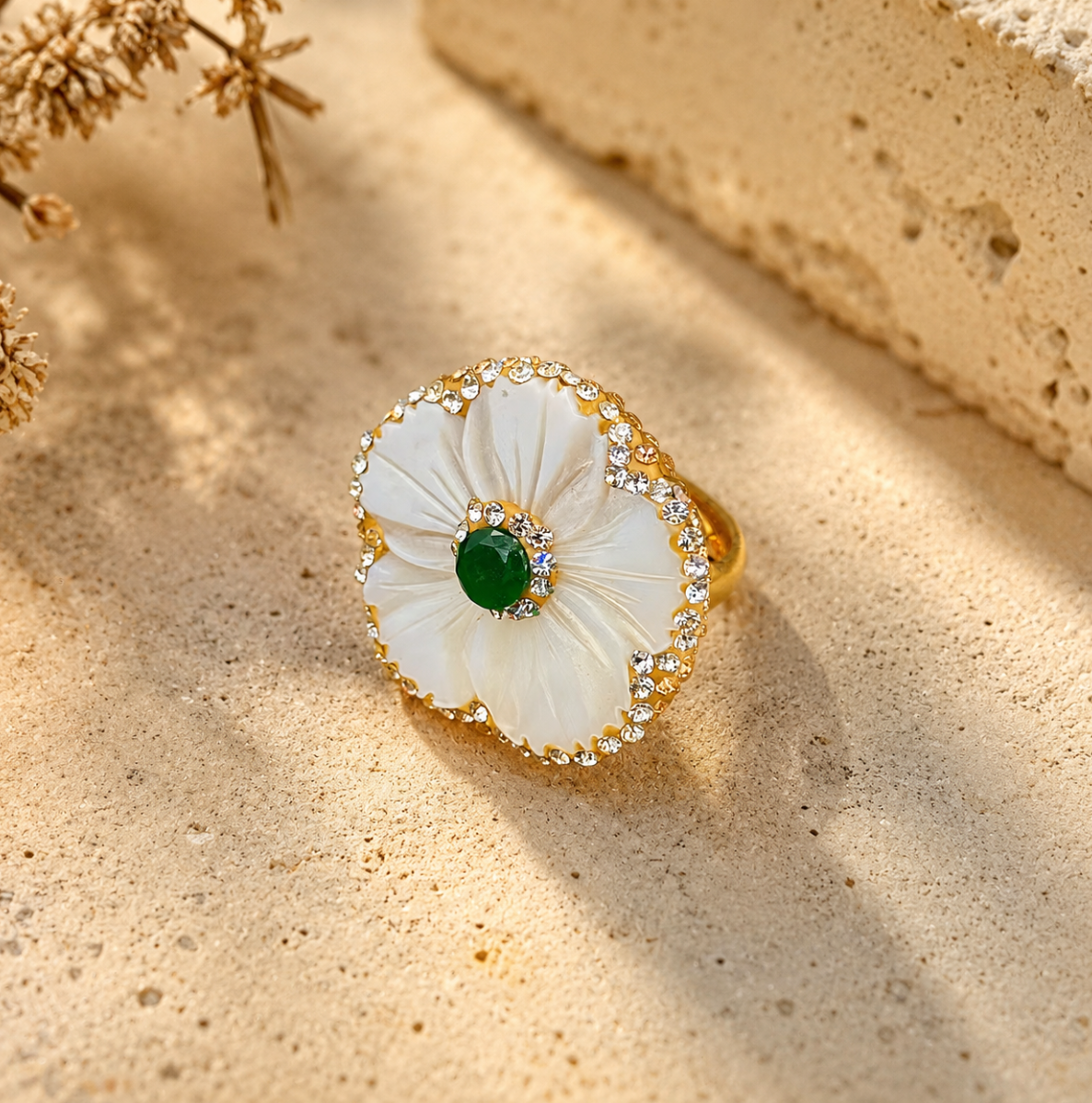 Pearl and shell ring styled as a delicate shell ring for fresh seaside-inspired everyday wear.