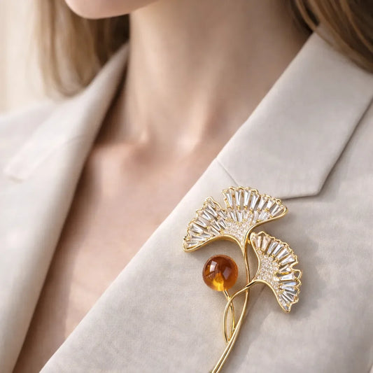 Natural Citrine Brooch - Ginkgo Biloba Leaf Design - crystal luminious soul