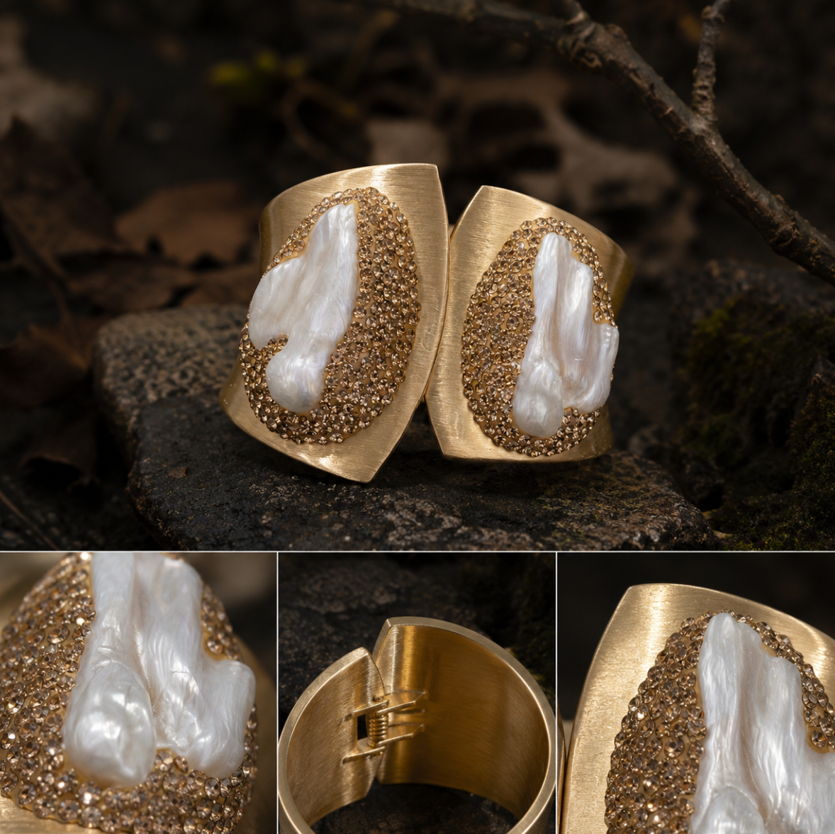 Uniquely shaped pearl bracelet styled on the wrist with warm light, neutral fabric, and refined feminine mood.