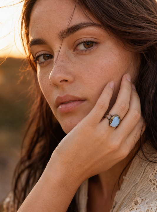 Natural aquamarine ring styled on the hand with warm coastal light and relaxed feminine elegance.