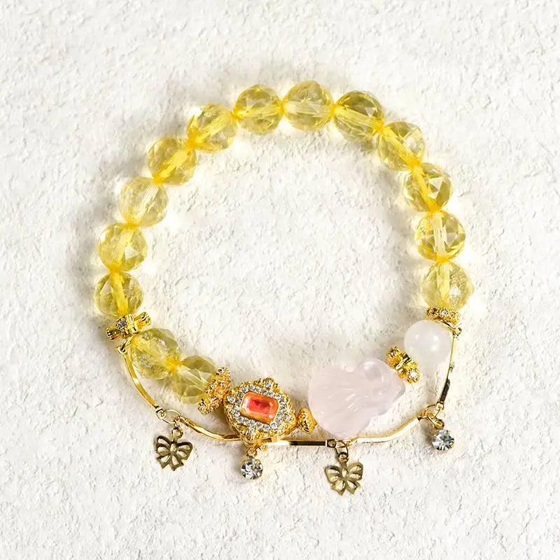 Citrine Diamond Face Bracelet with Pink Crystal Fox Charm Crystal Country Arts and Crafts