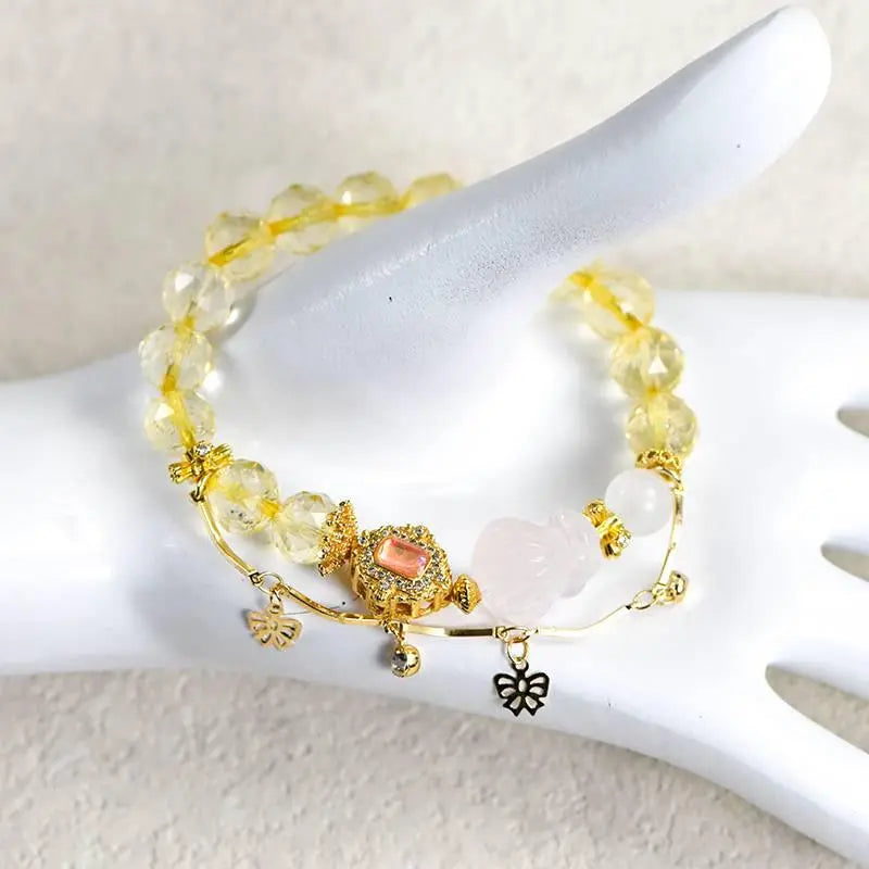 Citrine Diamond Face Bracelet with Pink Crystal Fox Charm Crystal Country Arts and Crafts