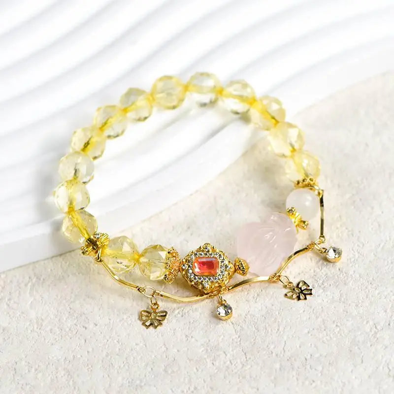Citrine Diamond Face Bracelet with Pink Crystal Fox Charm Crystal Country Arts and Crafts