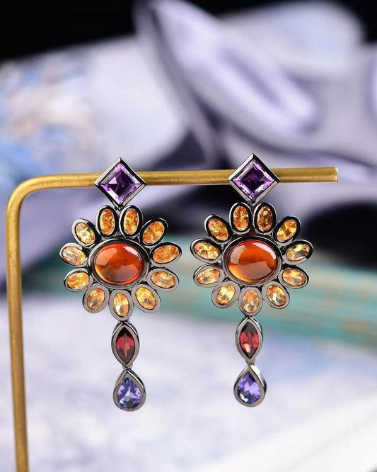 Cluster-Set Garnet Drop Earring with Tanzanite & Citrine – Floral Luxury Jewelry for Formal Occasions

