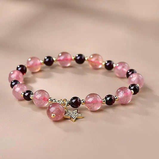 Natural Garnet & Strawberry Quartz Healing Crystal Bracelet - Silver Star Charm Energy Jewelry Crystal Country Arts and Crafts