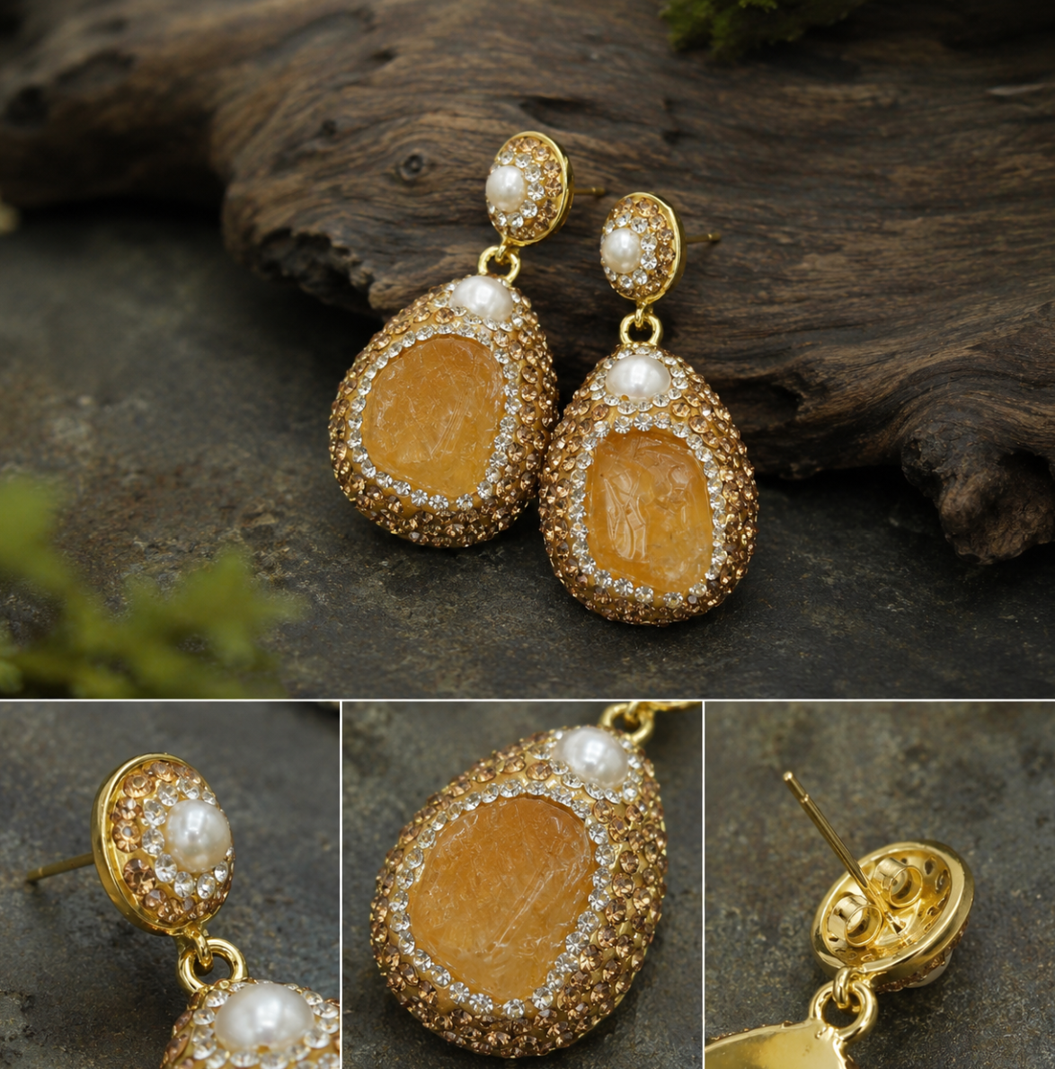 Elegant yellow crystal earrings for women featuring teardrop citrine stones and gold-tone details.