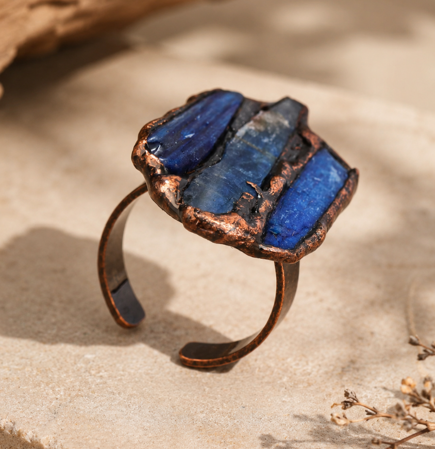 Kyanite ring designed as a trio gemstone ring with natural raw crystal texture.