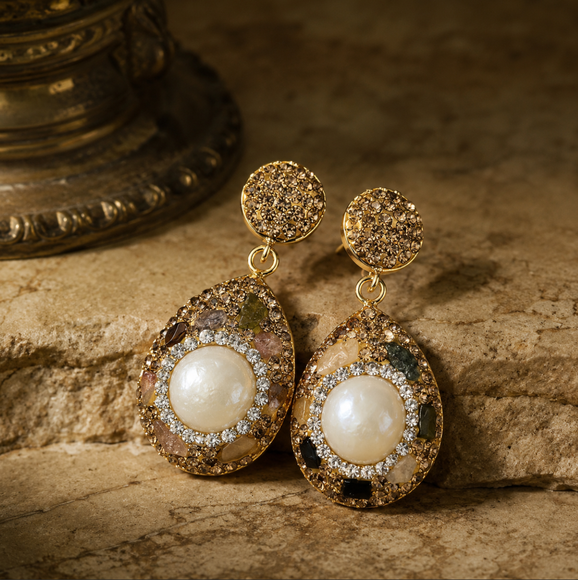 Artisan gemstone earrings displayed on textured stone surface