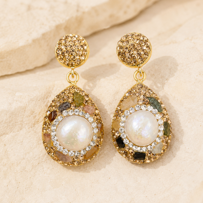 The Baroque Pearl Mosaic baroque pearl earrings with natural multicolor gemstones