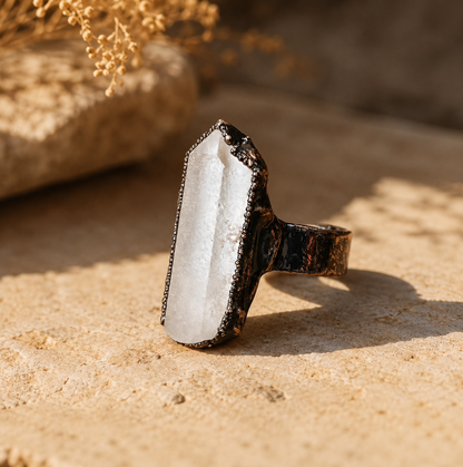 White crystal ring designed as a geometric crystal ring with clean lines and luminous clarity.