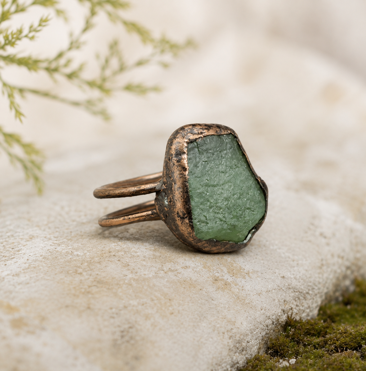 Apatite ring displayed on pale stone with soft greenery, earthy texture, and refined styling.