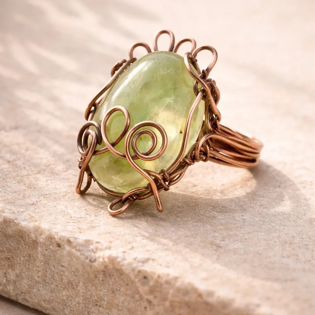 Enchanted Garden Prehnite Ring – Handmade Wire Wrapped Bohemian May Jewelry - crystal luminious soul
